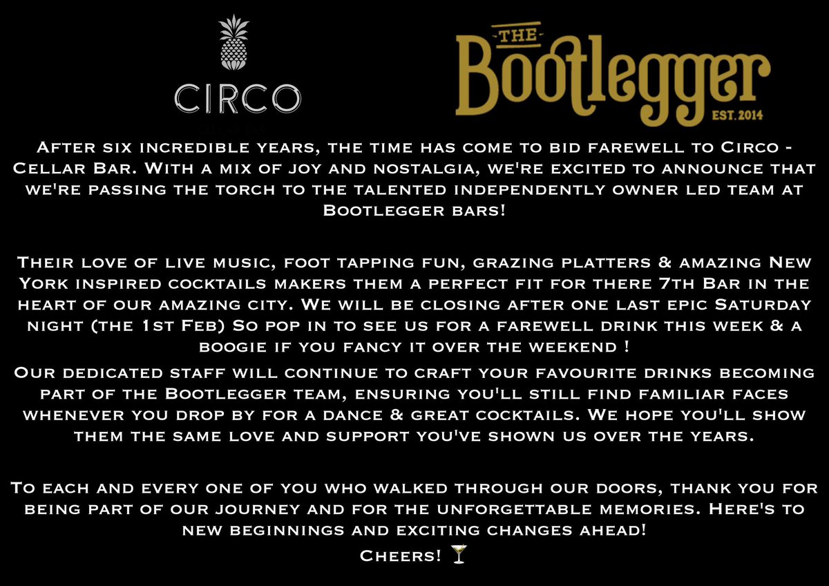 Any Bookings from March onwards will be honoured by Bootlegger &amp; thanks again for all your support!
All the Best
The Circo Team ❤️