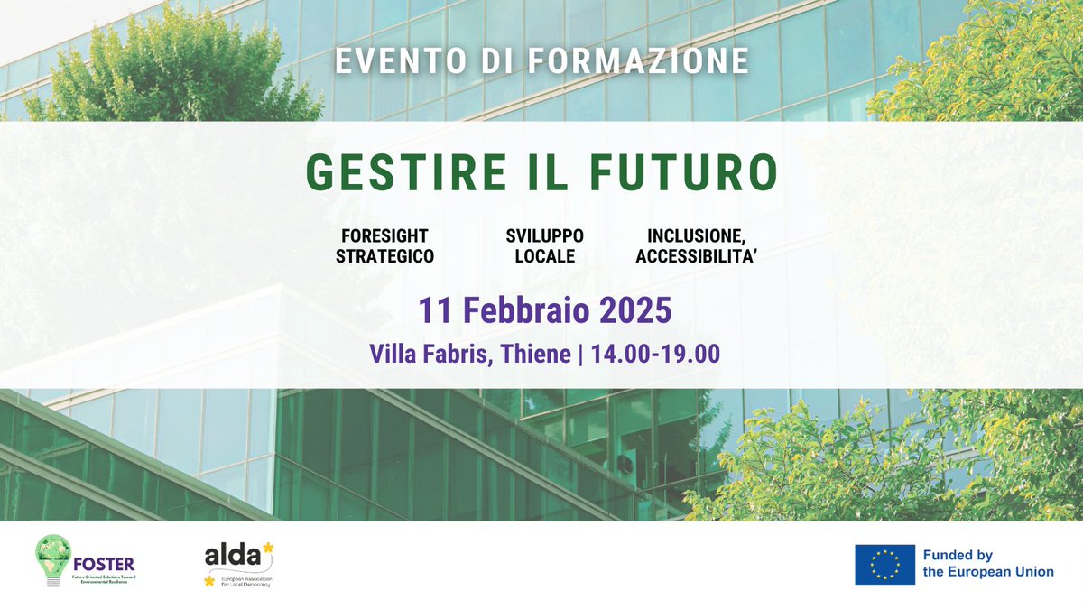 [🇮🇹]

Prendere oggi decisioni per domani.
Partecipa all’evento di formazione “Gestire il futuro verso comunità resilienti”💡

👥Amministratori pubblici e tecnici comunali, dipendenti di servizi pubblici e rappresentanti della società civile.

🔗Registrati: bit.ly/4aprms8