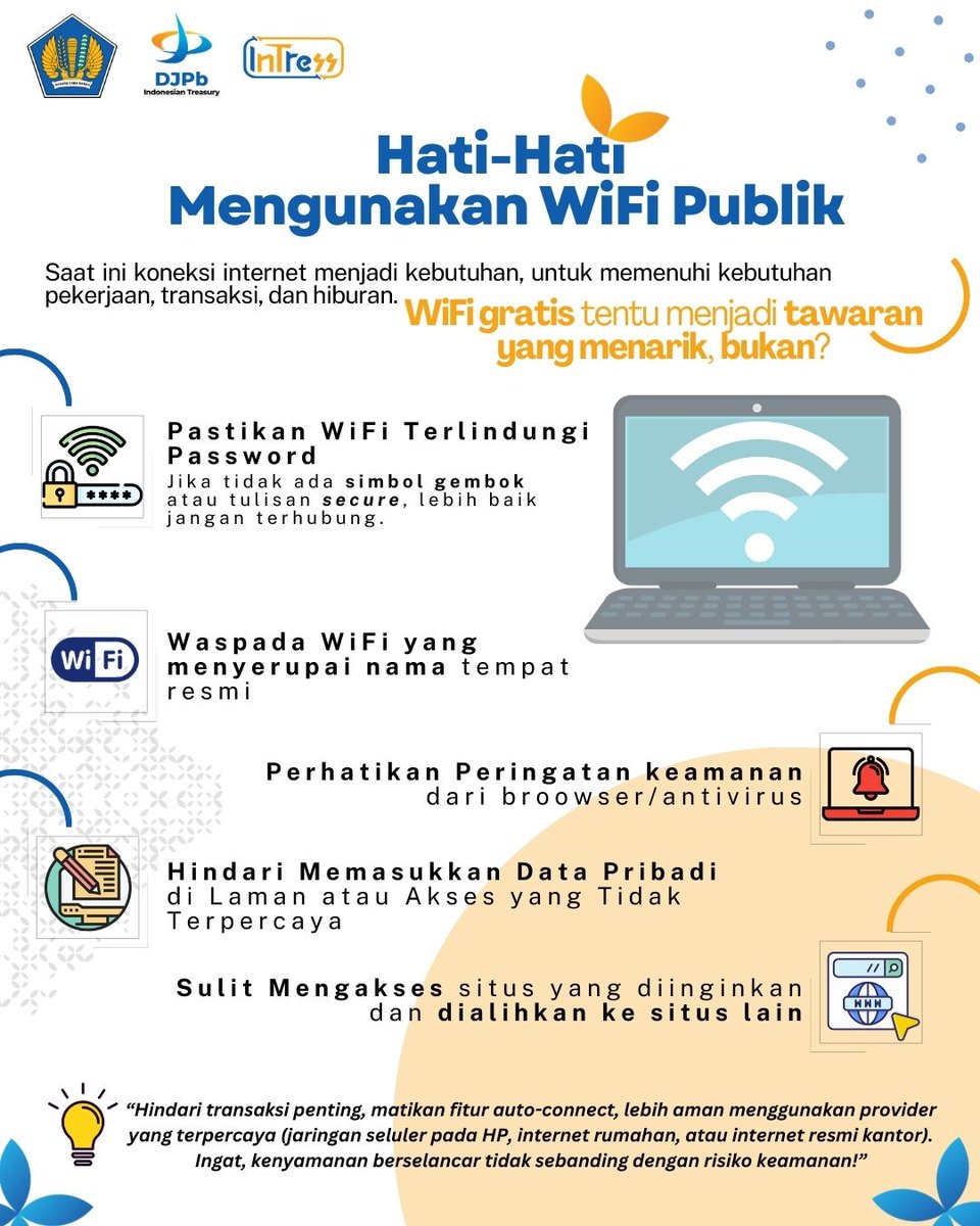 kppnliwa's tweet photo. Waspada dg WiFi publik!
Jangan sampai wifi gratisan bikin data pribadimu bocor!

Hindari transaksi penting, matikan fitur auto-connect, menggunakan provider yang tepercaya, hindari login akun penting, dan jangan klik link mencurigakan. Keamanan lebih penting daripada kecepatan! https://t.co/wxxXigyNWR