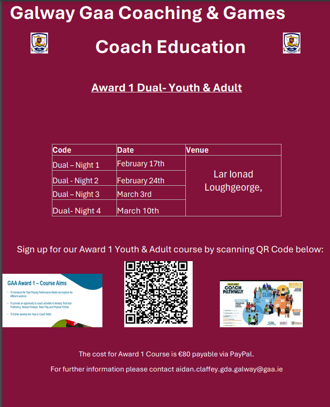 Check out our dates for our Award 1 Dual Youth &amp; Adult course, in Lar Ionad Loughgeorge!  

Click on the link below or scan through QR code!
learning.gaa.ie/search/all?key…

We will have further courses at Introduction &amp; Award 1 level taking place! 
Keep an eye on our socials for info!