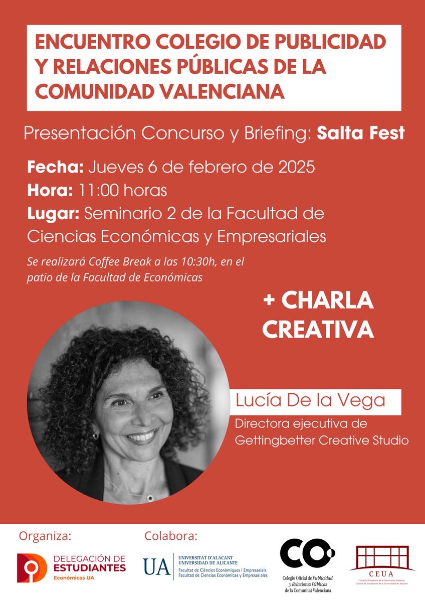 EconomicasUA (@economicasua) on Twitter photo TROBADA <a href="/ColPublirpCV/">Colegio Publicitarios y RRPP Comunitat Valenciana</a> amb ☕️🍪+ PRESENTACIÓ CONCURS CREATIU "SALTA FEST"
✅Amb la visita de Lucía De La Vega, directora executiva de <a href="/gettingbetterCS/">Gettingbetter</a>, una de les millors agències d'#Alacant
📍Dijous 6 de febrer a les 11:00 al Seminari 2
🤜INSCRIPCIÓ: forms.gle/yCDEpnsZuuTi44… TROBADA <a href="/ColPublirpCV/">Colegio Publicitarios y RRPP Comunitat Valenciana</a> amb ☕️🍪+ PRESENTACIÓ CONCURS CREATIU "SALTA FEST"
✅Amb la visita de Lucía De La Vega, directora executiva de <a href="/gettingbetterCS/">Gettingbetter</a>, una de les millors agències d'#Alacant
📍Dijous 6 de febrer a les 11:00 al Seminari 2
🤜INSCRIPCIÓ: forms.gle/yCDEpnsZuuTi44…