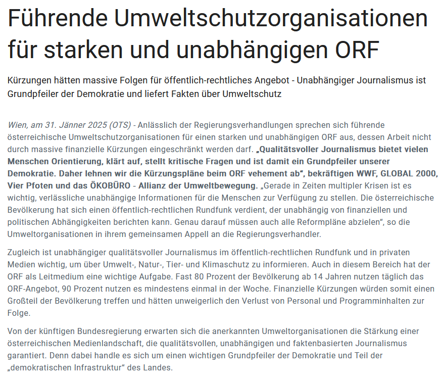 wwfaustria's tweet photo. Anlässlich der aktuellen Regierungsverhandlungen sprechen wir uns gemeinsam mit weiteren führenden Umwelt-NGOs für einen starken &amp; unabhängigen #ORF aus - denn qualitätsvoller Journalismus ist ein Grundpfeiler der Demokratie. Die Kürzungspläne beim ORF lehnen wir vehement ab. https://t.co/EJM1Iz2qrk