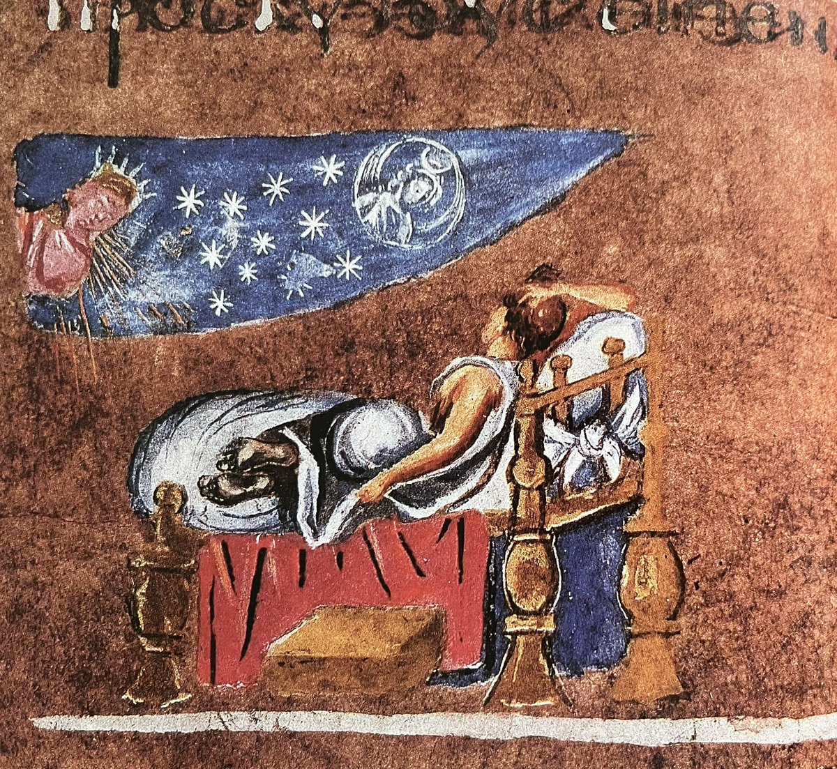 🌞 🌚 Such a beautiful scene! Joseph dreaming with the sun and the moon in the Vienna Genesis, a 6th century manuscript written in Greek that contains the earliest surviving illustrated biblical cycle in codex form. 

#bibliophile #manuscripts