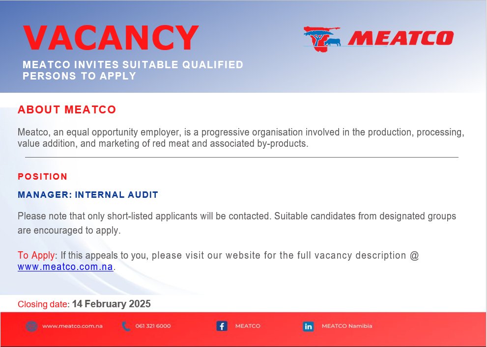 We are seeking a Manager: Internal Audit to oversee and ensure the effectiveness, efficiency, and compliance of our internal audit function. 
Please visit our website @ meatco.com.na for the full vacancy description.
#Meatco4Nam #ManagerInternalAudit #ChecksAndBalances