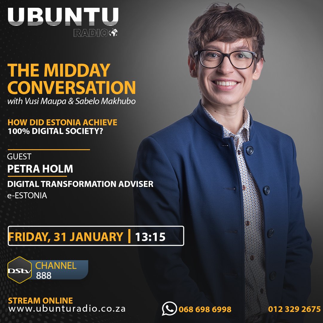 GTAC - Government Technical Advisory Centre, SA (@gtacsouthafrica) on Twitter photo REMINDER: Tune in to The Midday Conversation on <a href="/UbuntuRadioZA/">Ubuntu Radio DSTV888</a> at 13h15 as with Ms Petra Holm from the e-Estonia Briefing Centre <a href="/VusiMaupa/">Vusi Maupa</a> and @Sabelo Makhubo to discuss the Estonia's Unique Approach to Digital Transformation. DStv Channel 888 Stream online at REMINDER: Tune in to The Midday Conversation on <a href="/UbuntuRadioZA/">Ubuntu Radio DSTV888</a> at 13h15 as with Ms Petra Holm from the e-Estonia Briefing Centre <a href="/VusiMaupa/">Vusi Maupa</a> and @Sabelo Makhubo to discuss the Estonia's Unique Approach to Digital Transformation. DStv Channel 888 Stream online at