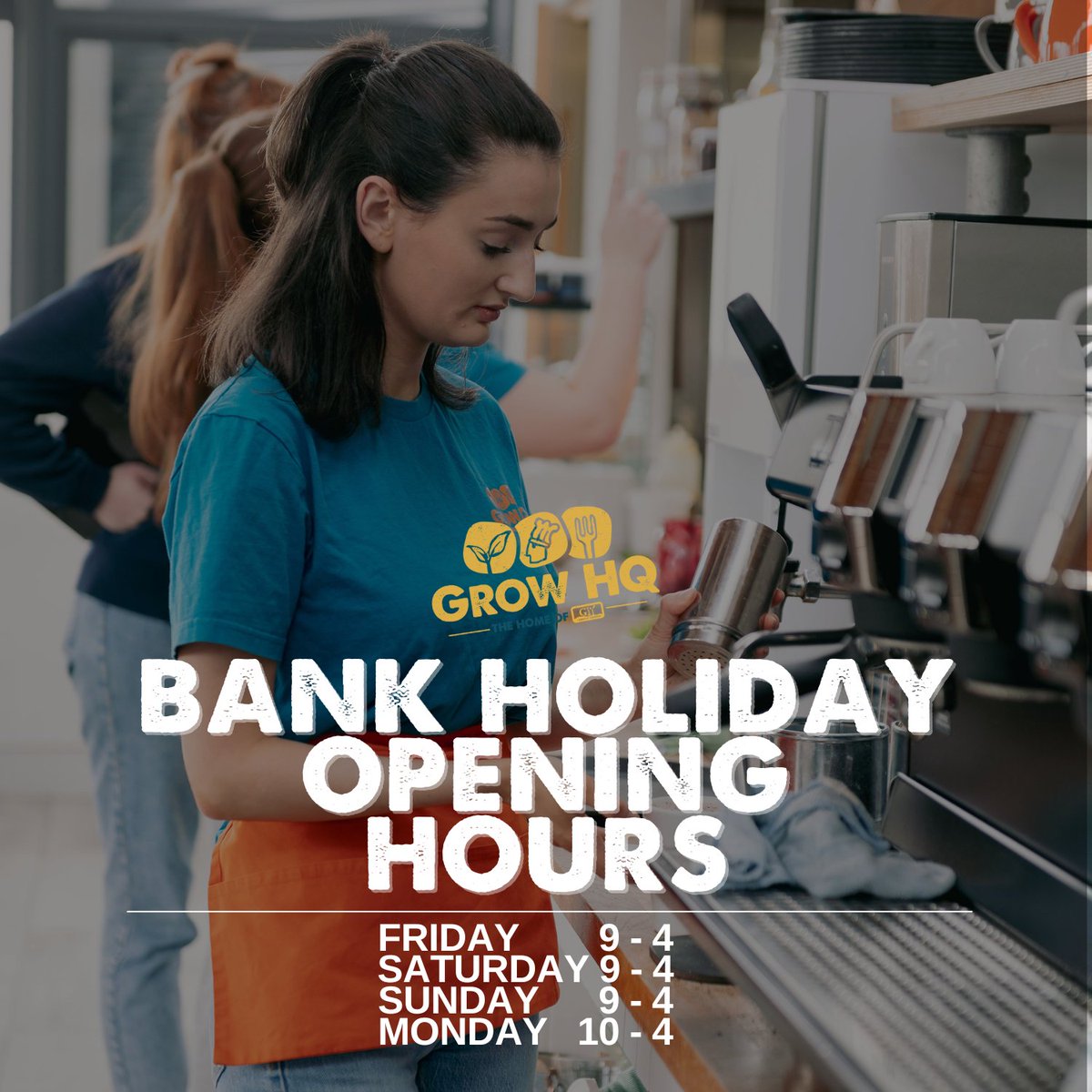 GROW HQ is open all Bank Holiday weekend! 🎉 

Here’s when you can drop by:
📅 Friday, Saturday &amp; Sunday: 9 AM – 4 PM
📅 Bank Holiday Monday: 10 AM – 4 PM

Kick off the weekend with a lazy brunch, grab supplies from Larder, or settle in for a cosy lunch...we’ve got you covered💚