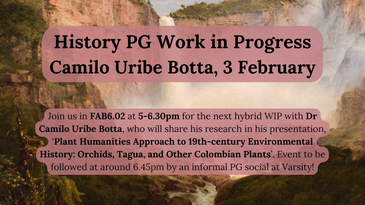 Warwick History Postgraduates (@warwickhist2023) on Twitter photo On Monday 3rd of February we are excited to hear from Dr <a href="/curibotta/">Camilo Uribe-Botta</a>, a recently completed <a href="/WarwickHistory/">WarwickHistory</a> PhD to discuss his latest research ‘Plant Humanities Approach to 19th-century Environmental History: Orchids, Tagua, and Other Colombian Plants.’
warwick.ac.uk/fac/arts/histo… On Monday 3rd of February we are excited to hear from Dr <a href="/curibotta/">Camilo Uribe-Botta</a>, a recently completed <a href="/WarwickHistory/">WarwickHistory</a> PhD to discuss his latest research ‘Plant Humanities Approach to 19th-century Environmental History: Orchids, Tagua, and Other Colombian Plants.’
warwick.ac.uk/fac/arts/histo…