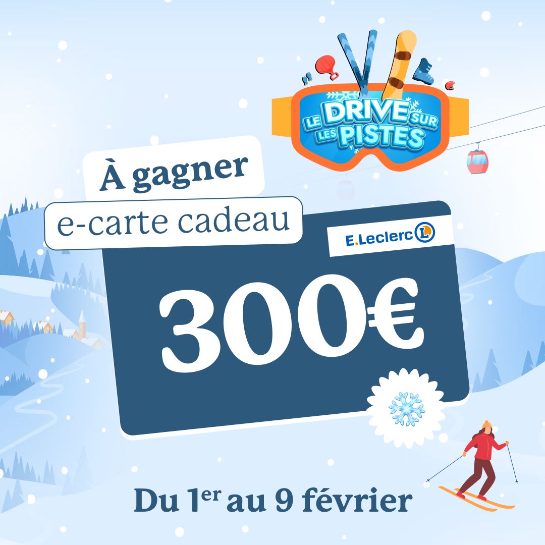 ✨ JEU CONCOURS ✨

Sur le site et l'application E.Leclerc DRIVE le 18 février
aura lieu le jeu “le DRIVE sur les pistes" avec de
nombreuses e-cartes cadeaux à gagner !

Pour fêter cela et, pour les plus impatients,  nous vous invitons à tenter de remporter dès