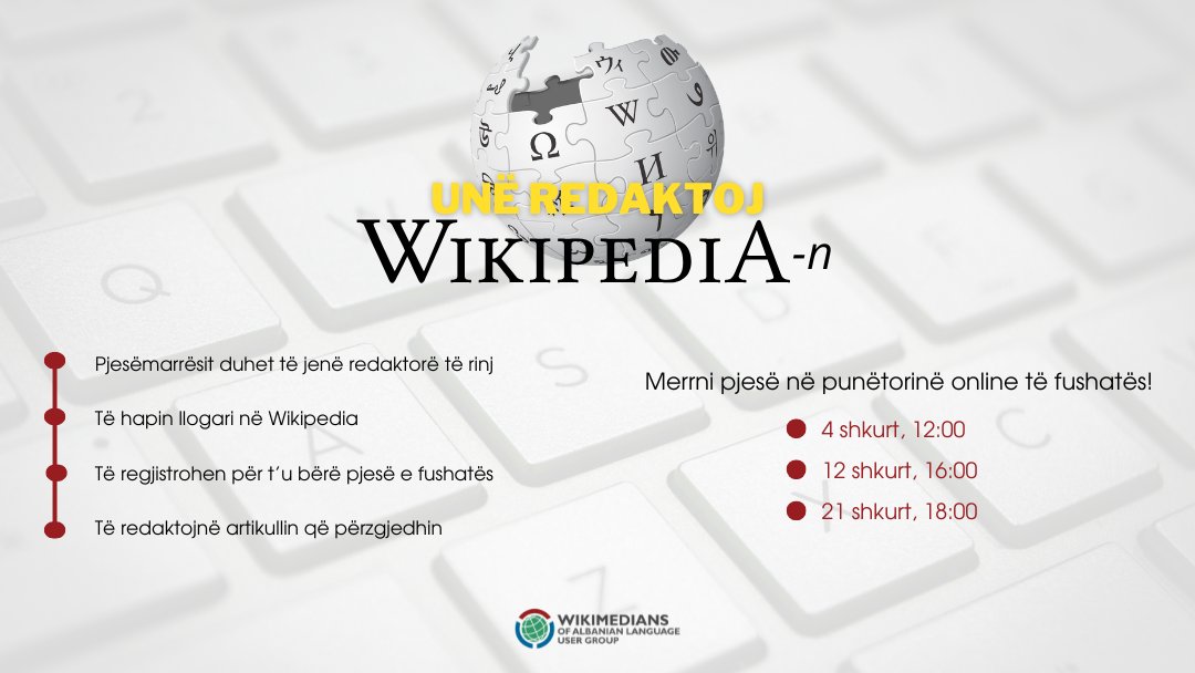 📢 A doni të redaktoni artikuj në Wikipedia dhe jeni fillestarë?

Ju ftojmë të bashkoheni në fushatën “Unë Redaktoj Wikipedia-n”! 

👉 Për më shumë info rreth fushatës: sq.wikipedia.org/wiki/Wikipedia…

Bëhuni pjesë e fushatës dhe kontribuoni!

#Wikipedia #WoALUG