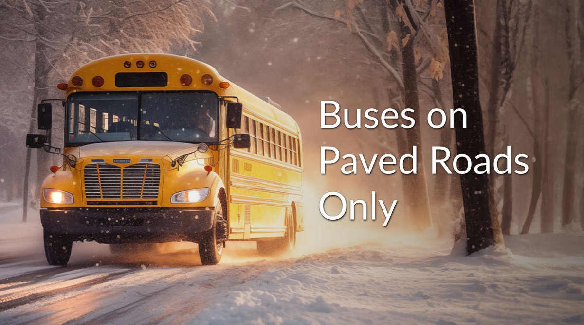 Due to road conditions, all CCRCE buses are running on paved roads only for Friday January 31, 2025. This means students will be picked up in the morning and dropped off in the afternoon at the bus stop on the paved road nearest their house.