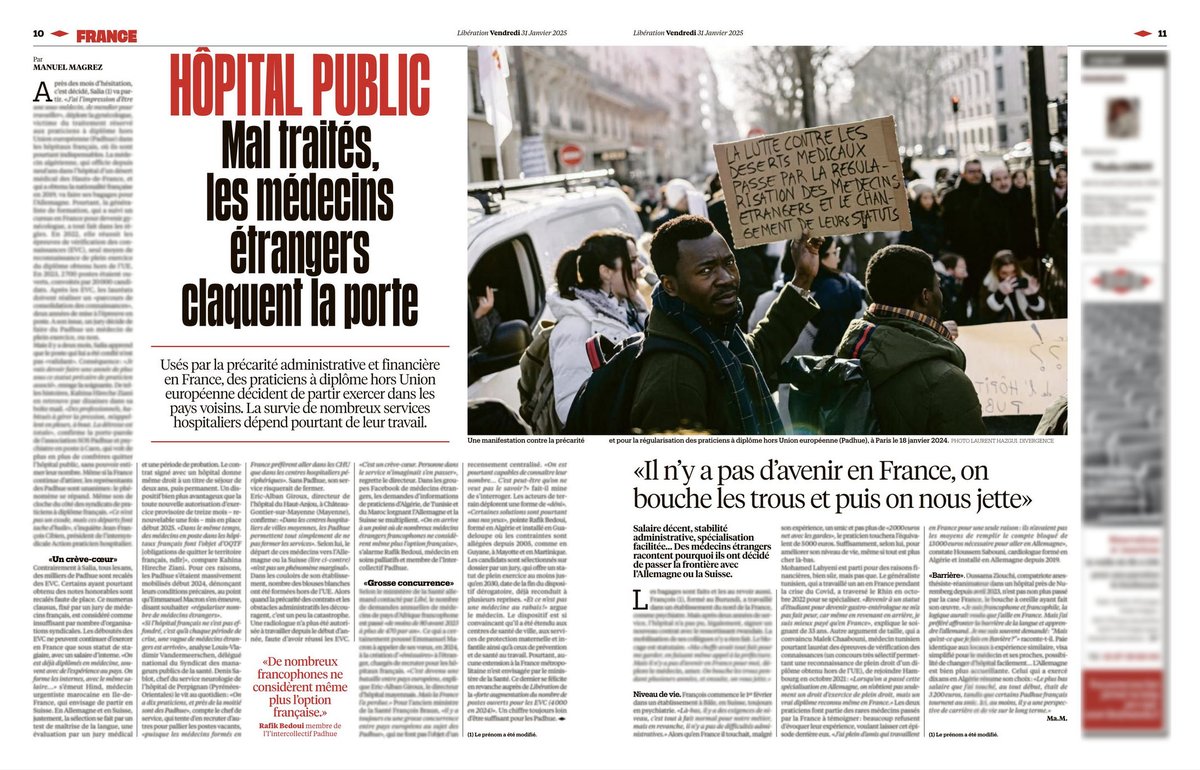 Manuel Magrez (@manuelmagrez) on Twitter photo 🏥 Dans <a href="/libe/">Libération</a> aujourd'hui, je vous raconte comment certains médecins à diplôme hors Union européenne, qui peuplent et font tenir les hôpitaux français, jettent l'éponge et partent en Allemagne ou en Suisse, faute de considération en France 🏥 Dans <a href="/libe/">Libération</a> aujourd'hui, je vous raconte comment certains médecins à diplôme hors Union européenne, qui peuplent et font tenir les hôpitaux français, jettent l'éponge et partent en Allemagne ou en Suisse, faute de considération en France