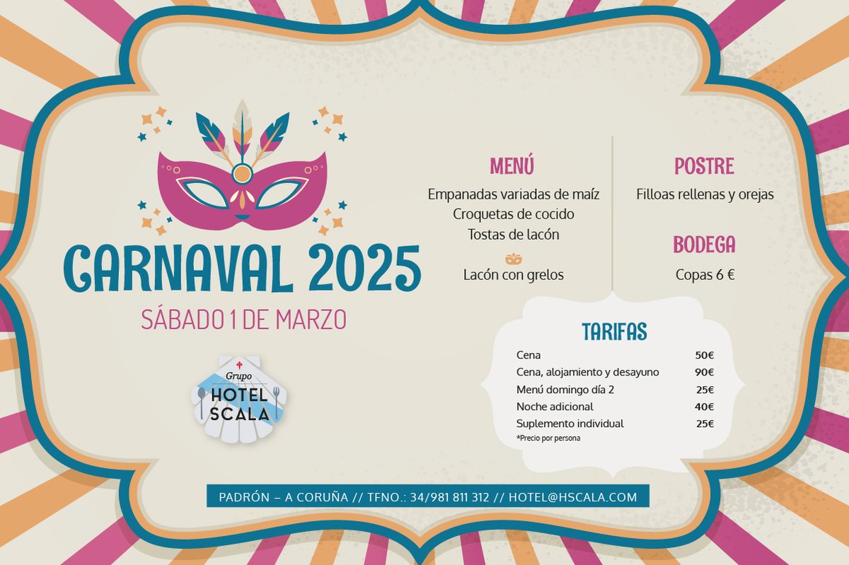 🎭 ¡Acompáñanos en una de las fiestas más divertidas del año! 
¿Ya tienes tu disfraz? Pues ahora, es momento de reservar tu cena baile con nosotros 🎵.

Reservas 📞 981 811 312