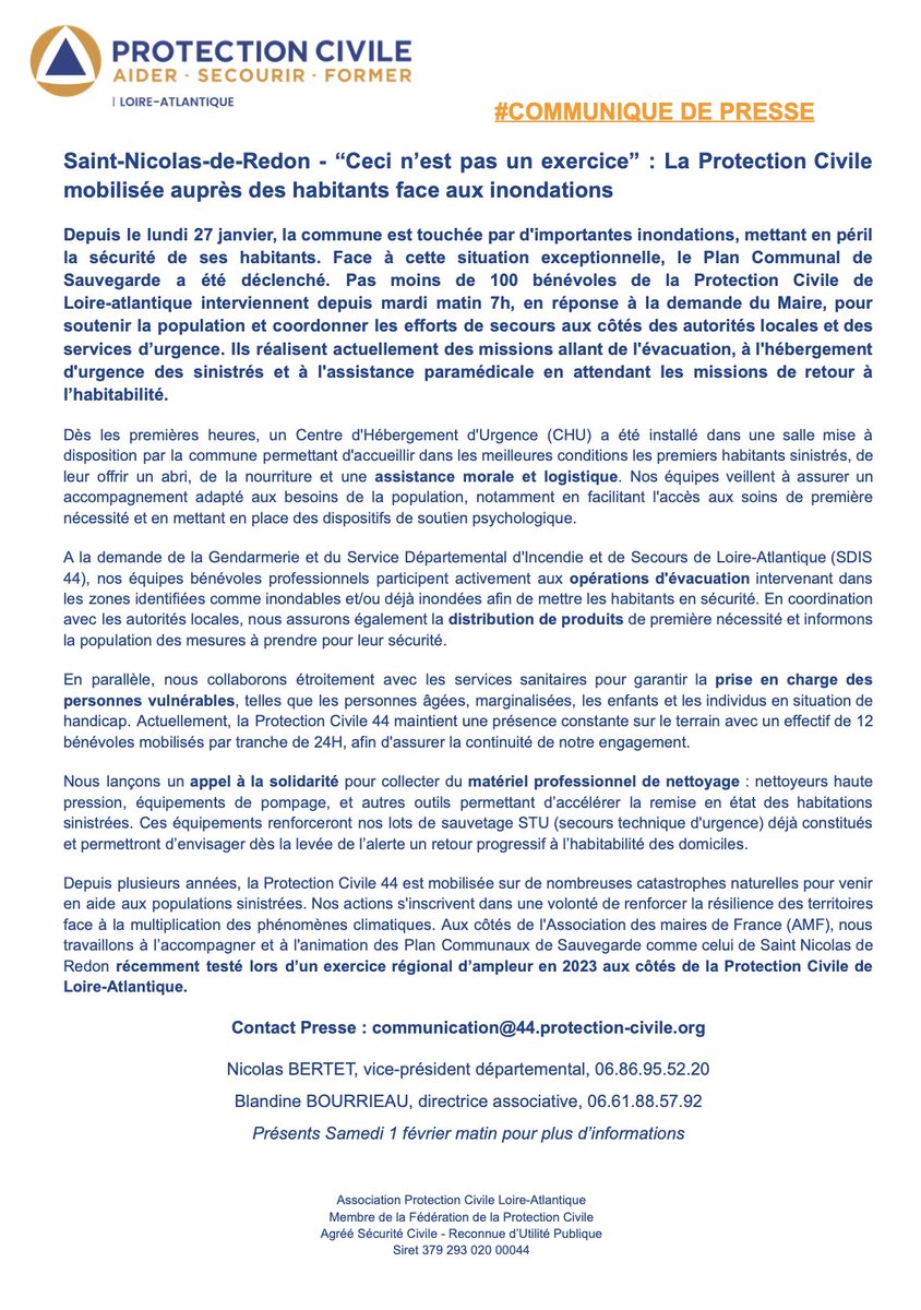 Protection Civile 44 (@protec44) on Twitter photo 🚨 Saint-Nicolas-de-Redon : plus de 100 bénévoles mobilisés pour évacuations, hébergement d'urgence et soutien aux sinistrés.
📢 Appel au don matériel nettoyage professionnel pour retour à l’habitabilité
<a href="/OuestFrance44/">Ouest-France 44</a> <a href="/afpfr/">Agence France-Presse</a> <a href="/iciloireocean/">ici Loire Océan</a> <a href="/FranceTV/">France tv</a> <a href="/presseocean/">Presse Océan</a> 🚨 Saint-Nicolas-de-Redon : plus de 100 bénévoles mobilisés pour évacuations, hébergement d'urgence et soutien aux sinistrés.
📢 Appel au don matériel nettoyage professionnel pour retour à l’habitabilité
<a href="/OuestFrance44/">Ouest-France 44</a> <a href="/afpfr/">Agence France-Presse</a> <a href="/iciloireocean/">ici Loire Océan</a> <a href="/FranceTV/">France tv</a> <a href="/presseocean/">Presse Océan</a>