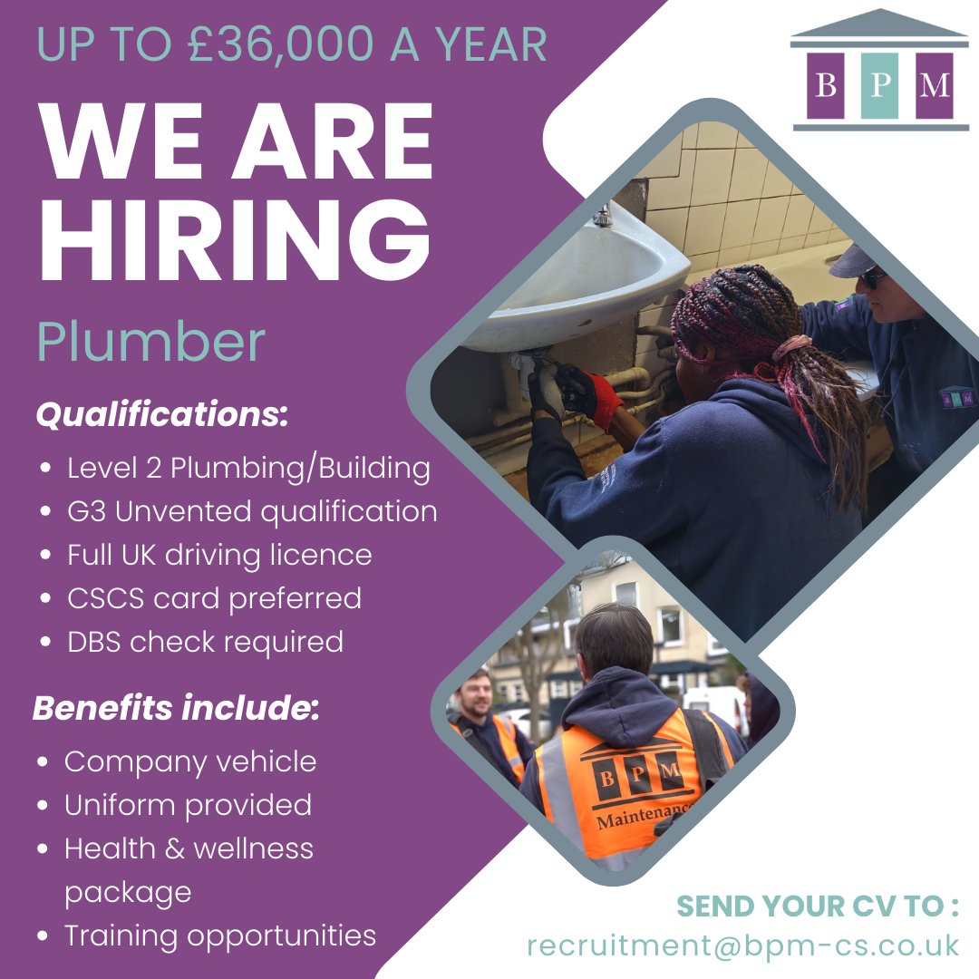 BPM_CS's tweet image. 🔧 PLUMBER WANTED - Up to £36K! Company vehicle, fuel card, benefits &amp;amp; more! Must have: Level 2 Plumbing, G3 Unvented, UK licence. Join our team! CV to mailto:recruitment@bpm-cs.co.uk ✅

#PlumbingJobs #Construction #NowHiring #Careers #JoinOurTeam #BPMContractingServices