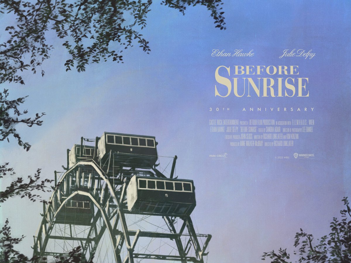 The artwork for the 30th anniversary re-release of Before Sunrise, back in UK and Irish cinemas today 🎡

The film is also re-releasing in select international territories, courtesy of Park Circus. Add to watchlist ➡️ boxd.it/2bcU