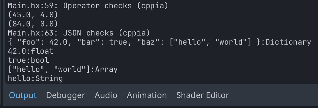 kevinresol's tweet image. - Operator overload
- Array access
- Pattern matching enums
- Variadic functions (haxe.Rest)

All working naturally

#Haxe #cppia #GodotEngine