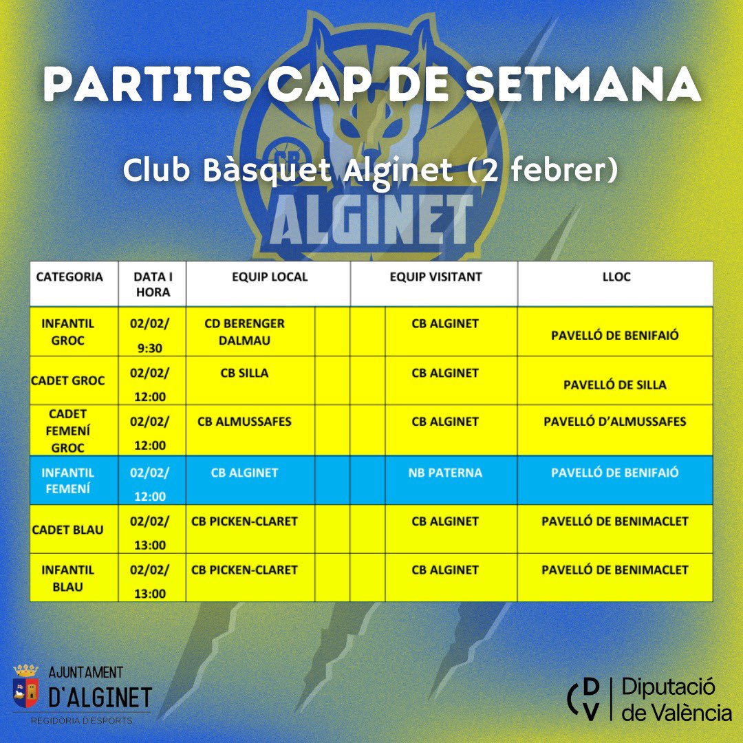 📣  Horari de partits setmanals🗓️‼️

Tornen els partits al nostre pavelló🤩🏡

Ja podeu veure els enfrontaments d’aquest cap de setmana dels nostres jugadors i jugadores🔵🟡

No dubteu a oferir els millors ànims aquesta jornada🏀🔥