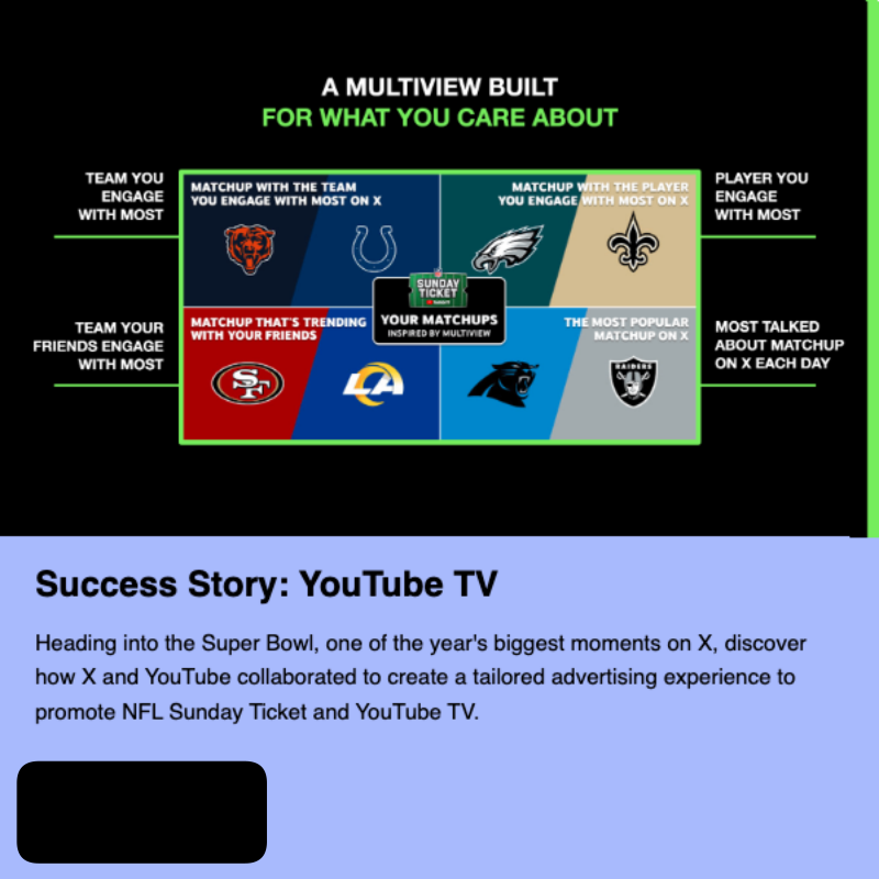 Thomasslabbers's tweet photo. This YouTube campaign was our best last year! We used public X data to automatically deliver a personalized multiview of the Sunday Games, based on how each user fans out on X.
- Idea &amp; strategy by @X NEXT &amp; YouTube
- Autoresponse by IC Group
- Data API by @Socialdatabase