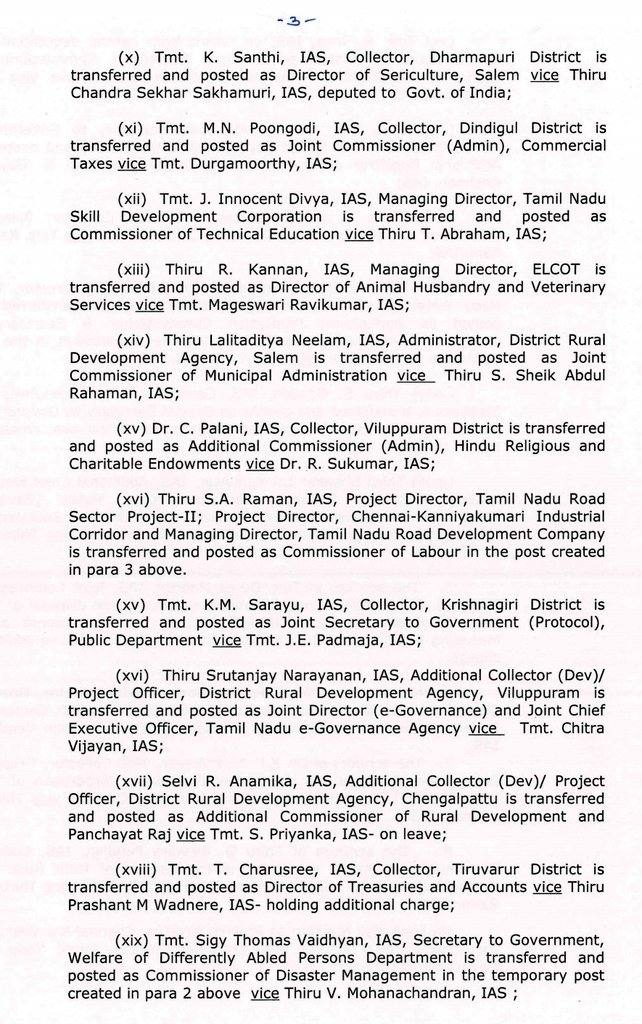 The_Abinesh's tweet photo. Major IAS Shuffle,Transfer of District Collector's in Dharmapuri, Dindigul,Tiruvallur, Krishnagiri, Villupuram, Tiruvannamalai, Tirupattur, Tirunelveli and Tiruvarur Districts.

@karthickselvaa @News18TamilNadu https://t.co/LsEKCGwZEG