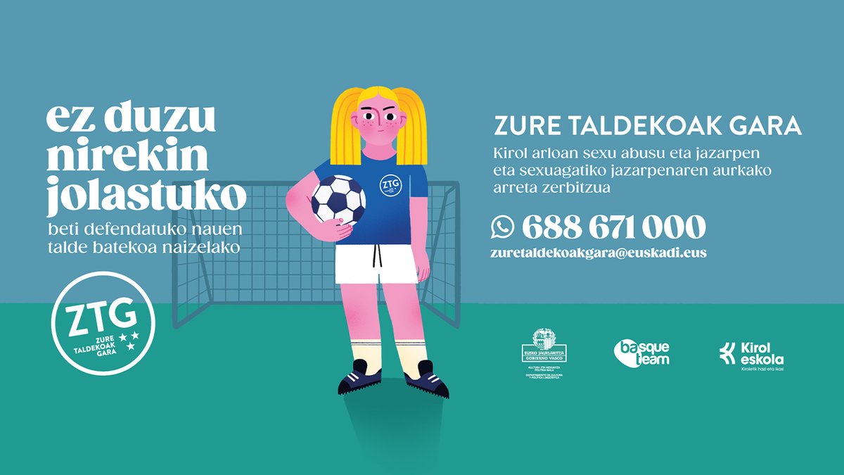 "Zure taldekoak gara" lelopean, Eusko Jaurlaritzako Jarduera Fisikoaren eta Kirolaren Zuzendaritzak eta <a href="/BATbasqueteam/">BAT Basque Team</a>, <a href="/emakundEJGV/">Emakunde</a>-rekin elkarlanean, kirol arloko sexu-jazarpen eta -abusu kasuetarako informazio- eta arreta-zerbitzu espezializatua jarri dute abian.

💜 Helburua: