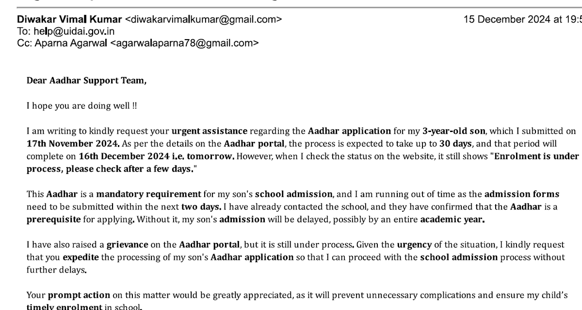 caravikumar25's tweet photo. I am posting to express my deep concern over the unjustified delay in processing the Aadhaar enrollment for my 3-year-old son. Despite multiple emails and escalations, there has been no resolution for Enrolment Number: 0013/03021/08862.

The enrollment slip states that Aadhaar processing for children aged 0-18 should be completed within 30 days, yet it has been nearly 75 days with no progress.

I have contacted the UIDAI office several times and sent numerous emails explaining that my son's Aadhaar is mandatory for his school admission, with deadlines approaching. Without it, his admission might be delayed by an entire academic year, causing significant stress and frustration.

It's disappointing that despite repeated attempts, there has been no proper response or resolution. The UIDAI office seems insensitive to citizens' hardships. I reached the Aadhaar customer care number, which provided the Delhi regional office number 011-40851426, which is always busy, suggesting intentional engagement.

I also raised my concern on the PG portal (CP Grams), but they closed my ticket after forwarding it to UIDAI, assuming this was resolution enough.

There's no action against the insensitivity of government officers, and the remedies provided by the government seem effective only on paper, not in practice.

@GoI_MeitY  @AshwiniVaishnaw  @JitinPrasada  @SecretaryMEITY  @NeGD_GoI  @mygovindia  @PIB_India  @_DigitalIndia  @UIDAI  @ceo_uidai  @UIDAIDelhi  @ArvindKejriwal  @AtishiAAP  @aajtak  @TheLallantop  @ABPNews  @ndtv  @narendramodi  @DARPG_GoI  @FinMinIndia 

Raising concern as a father [Ravi - 9990554443]