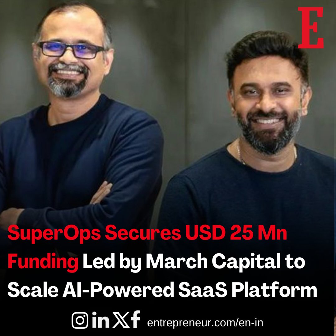 EntrepreneurAPJ's tweet image. SuperOps Secures USD 25 Mn Funding Led by March Capital to Scale AI-Powered SaaS Platform

Read full story:- entrepreneur.com/en-in/news-and…

#SuperOps #AIPoweredSaaS #SeriesCFunding #AIInnovation #ManagedServices #MSPs #TechInvestment #SaaSPlatform #ITGrowth #SuperOpsAI #TechExpansion