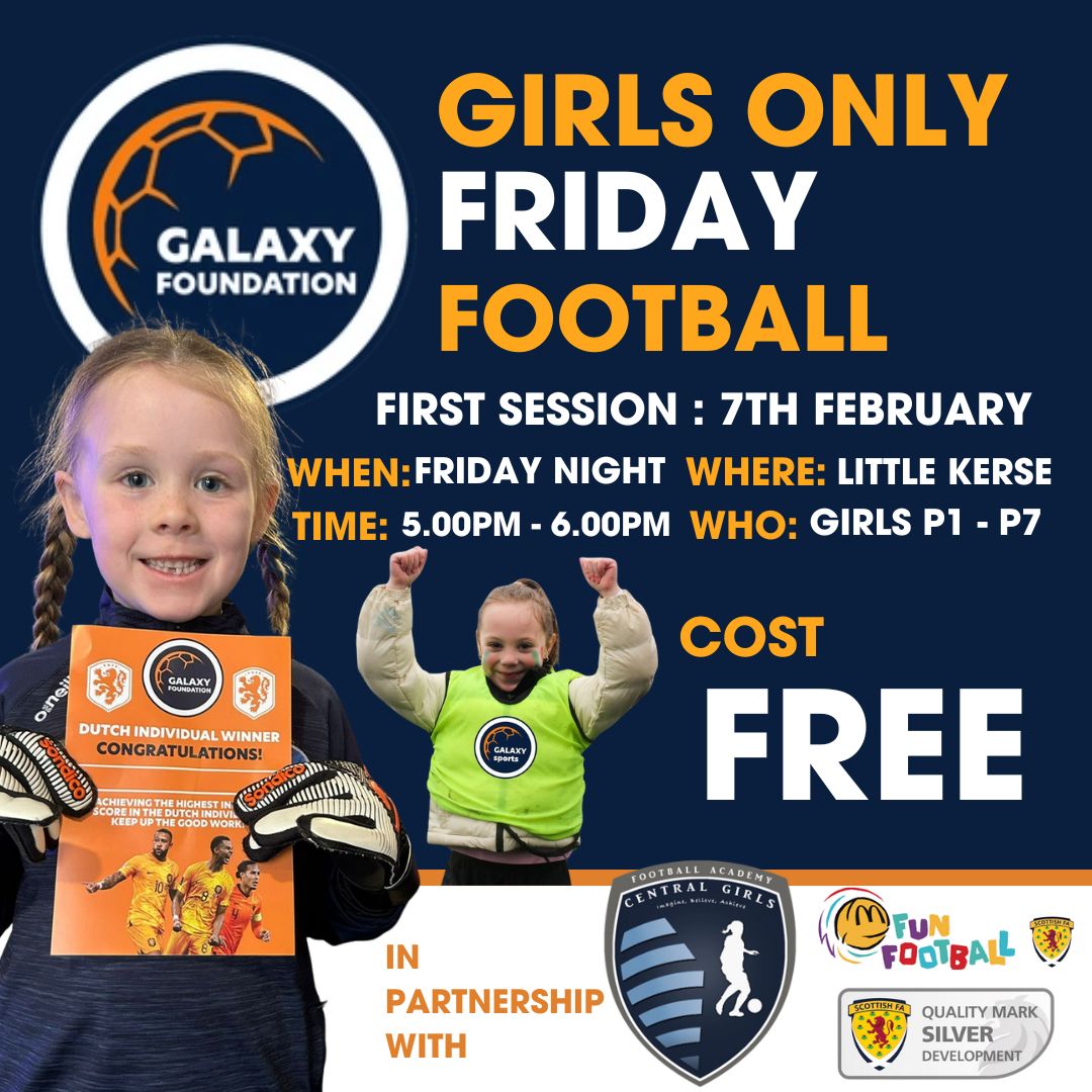 GIRLS ONLY FRIDAY FOOTBALL
 Only 1 week to go until our Girls Only programme starts at little Kerse. Book your place today:  galaxyfoundation.co.uk
PLS RT
<a href="/SacredHeartPrim/">Sacred Heart Primary</a> <a href="/WallacestonePS/">Wallacestone PS</a> <a href="/WestquarterPrim/">Westquarter Primary</a> <a href="/bantaskinps/">Bantaskin PS</a> <a href="/stmargaretsps/">St Margaret's PS</a> <a href="/carronshoreps/">Carronshore Primary</a> @CarronPSPTA <a href="/RabMcgaw/">Robert</a>