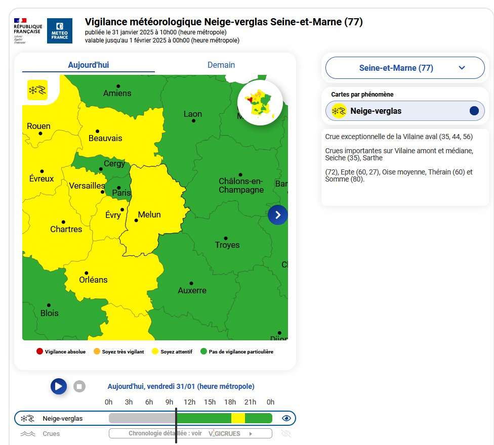 #Vigilance | Météo-France a placé la #seineetmarne en vigilance jaune 🟡 pour #neige et #verglas à partir de 18h.

Bulletin de vigilance sur👉 urls.fr/iiA2U4