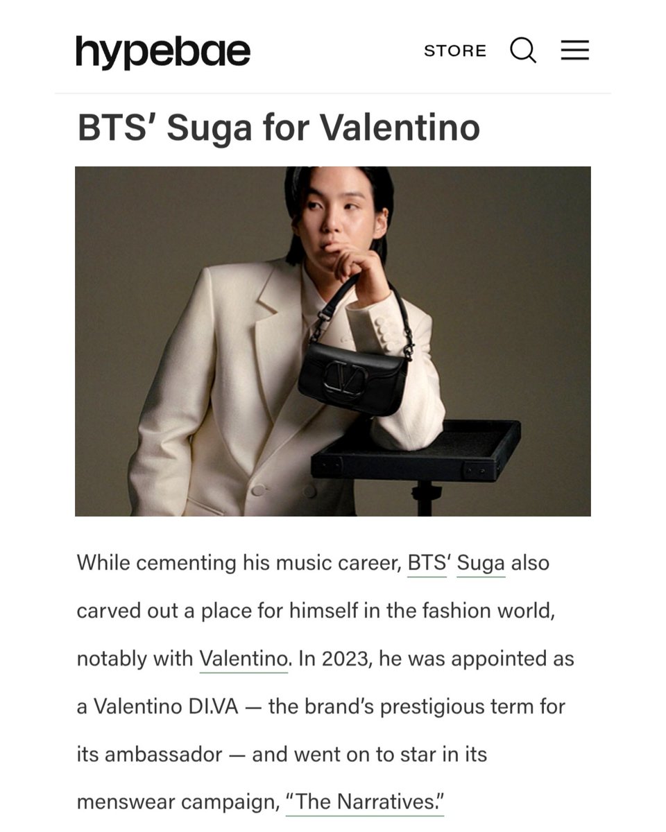 DataAgustD's tweet photo. #SUGA's Valentino campaign is featured in @hypebae's article, "14 Fashion Campaigns Feeding Our It-Boy Obsession." 🥰🩷

📌 Let’s hype the article and the Instagram post. 

VALENTINO IT BOY SUGA
#SUGAxValentino  
#SUGA #AgustD #슈가 #BTSSUGA #방탄소년단슈가

Hypebae is a fashion, beauty, and lifestyle media platform that focuses on trends and culture. It is the sister site of Hypebeast, a well-known global media brand covering fashion and pop culture.