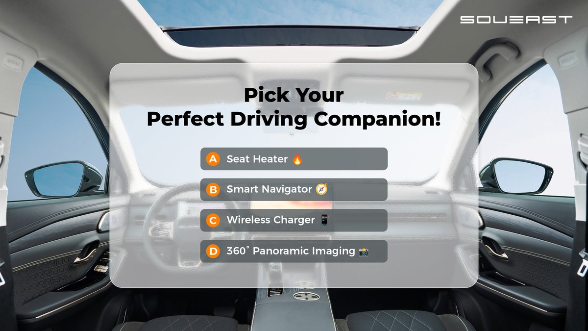SOUEASTGlobal's tweet image. 🚗 EASE Friday Quiz Time! 🧩
Imagine you can pick ONE feature as your perfect driving companion. Which one would you choose?
Comment below and let&apos;s see how many people share your choice! 👇
#EASEYOURLIFE #SOUEAST #SOUEASTS09 #BESOULKNIGHT