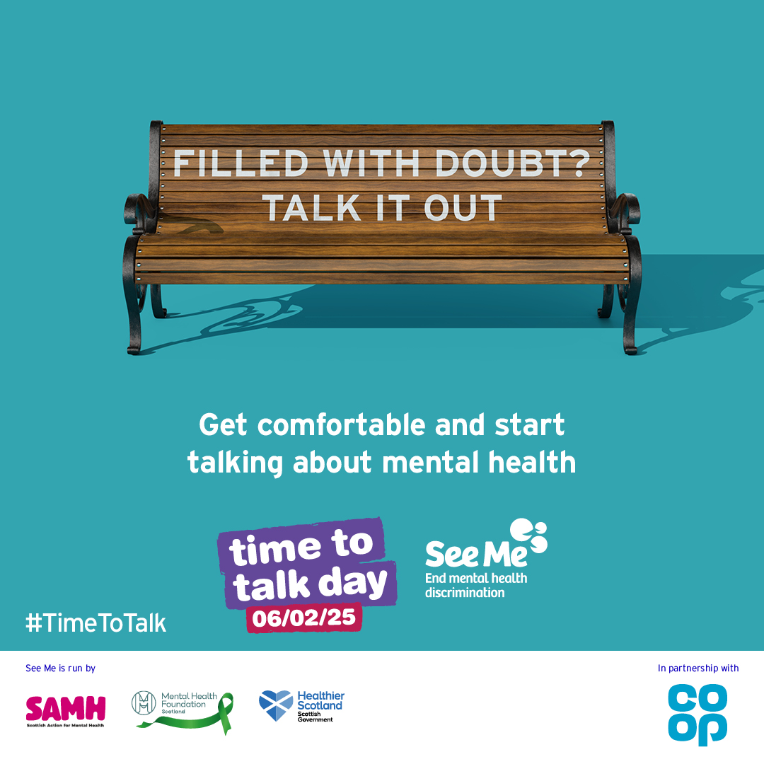 Today is Time To Talk Day 2025. Let’s get comfortable and start talking about our mental health! 

<a href="/seemescotland/">See Me</a> <a href="/SAMHtweets/">SAMH</a> #TimeToTalkDay #MentalHealthAwareness
