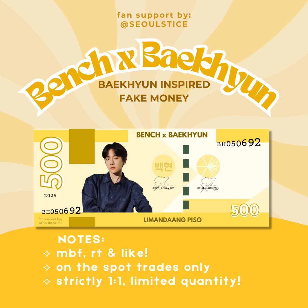 SEOULSTlCE's tweet photo. ✨FAN SUPPORT FOR THE BEST DAY WITH #BAEKHYUN : BENCH FANMEET by: @SEOULSTlCE ✨

⟡ mbf, rt &amp; like! 
⟡ on the spot trades only
⟡ strictly 1:1, limited quantity!   

#BaekhyunInManila #BAEKHYUNxBENCH #TheBestDayWithBENCH #BENCHxBAEKHYUN https://t.co/8bgc9tnl5m