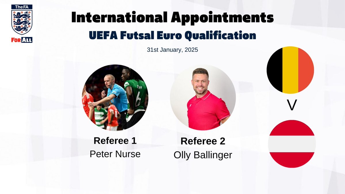 INTERNATIONALS | Our refs are back on the ✈️ for <a href="/UEFAFutsal/">UEFA Futsal</a> Euro Qualifiers 🇧🇪 v 🇦🇹 Good luck Peter &amp; Olly 🙌⚽️
🔗tinyurl.com/mry2rk9n