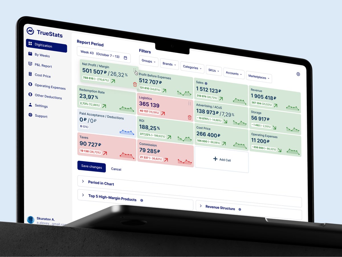 alexey_skuratov's tweet image. Redesigned interface with a focus on data visualization for an online marketing analytics service analyzing WildBerries and Ozon marketplace metrics.

#Design #UIUX #InterfaceDesign #DesignSystem #CRM #DataVisualization #UXDesign #DashboardDesign