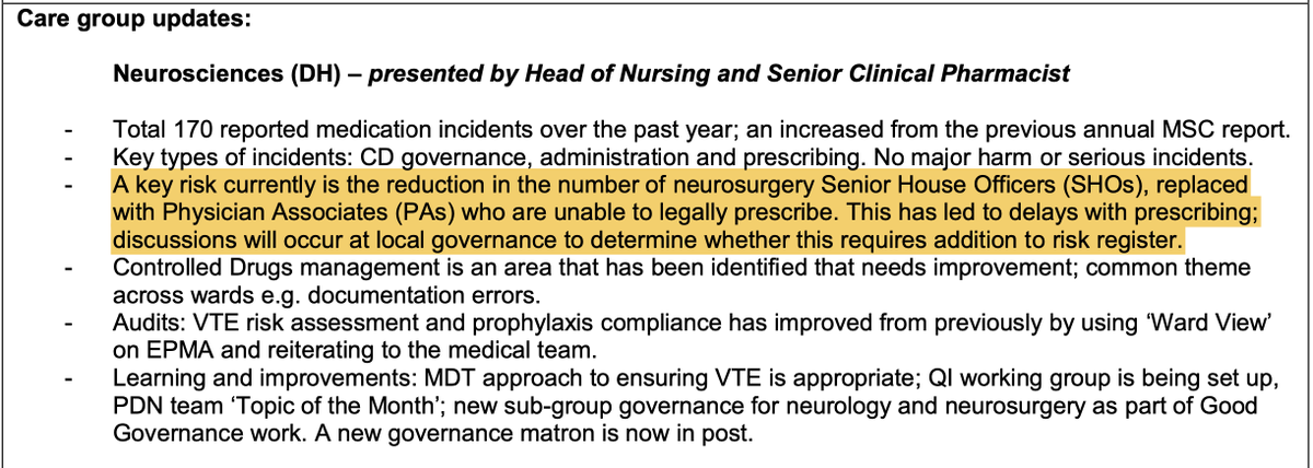 Mike (@mike88881221) on Twitter photo 🚨NEW: <a href="/KingsCollegeNHS/">King's College NHS</a> uses physician associates to replace ‘SHO’ doctors in neurosurgery, despite this being flagged as a patient safety risk by managers.
10 PAs work in the department, performing neurosurgical procedures, including ICP bolt insertion.
Trust meeting minutes👇 🚨NEW: <a href="/KingsCollegeNHS/">King's College NHS</a> uses physician associates to replace ‘SHO’ doctors in neurosurgery, despite this being flagged as a patient safety risk by managers.
10 PAs work in the department, performing neurosurgical procedures, including ICP bolt insertion.
Trust meeting minutes👇