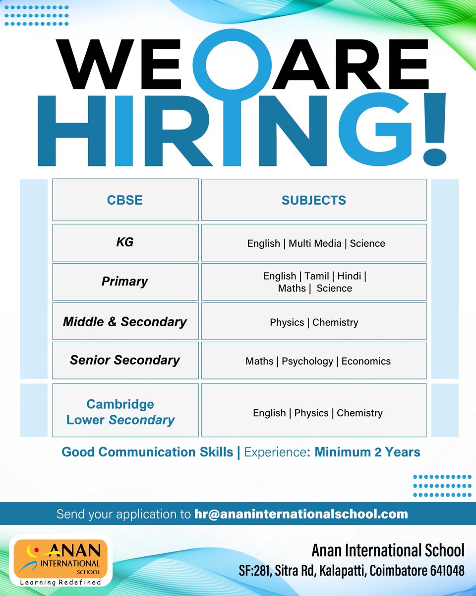 Anan International School (@ananintlschool) on Twitter photo We’re Hiring!
#AnanInternationalSchool is looking for passionate and dedicated #teachers to join our dynamic team!
If you’re ready to make a difference and inspire the future, we want to hear from you!
Send your applications to hr@ananinternationalschool.com
#hiring #hiringnow We’re Hiring!
#AnanInternationalSchool is looking for passionate and dedicated #teachers to join our dynamic team!
If you’re ready to make a difference and inspire the future, we want to hear from you!
Send your applications to hr@ananinternationalschool.com
#hiring #hiringnow