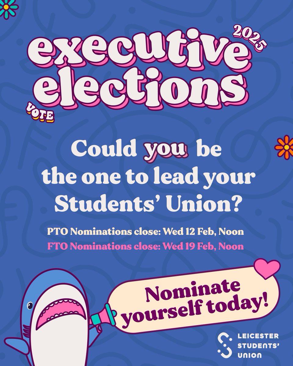 ✨Nominations are now open!✨
Could you lead your Students' Union? Want to make positive changes to your University experience?
Make sure to nominate yourself before the deadlines by heading to 👉 leicesterunion.com/elections/