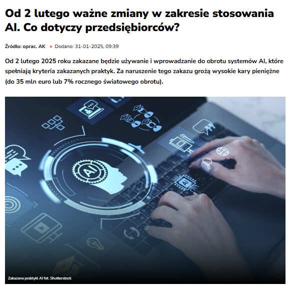 ❓Co to oznacza dla przedsiębiorców

🔸Jeśli Twoja firma korzysta z systemów AI, musisz upewnić się, że nie naruszają one przepisów Aktu. W szczególności, należy unikać stosowania systemów AI, które wykorzystują zakazane praktyki - zaznacza dr <a href="/MarekWoch2/">dr n pr. Marek Woch</a>

dlahandlu.pl/technologie-i-…