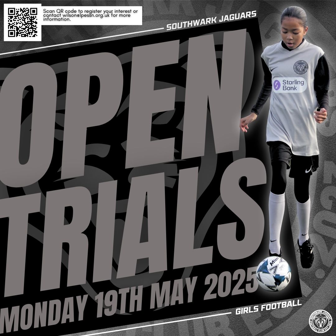 ⚽️ JAGUARS GIRLS FOOTBALL OPEN TRIALS ⚽️
We can confirm that our open trial for girls interested in joining the jaguars journey will take place on...

🗓️Monday 19th May 2025 @Burgess Park Astro Turf (17:00-18:00)

<a href="/BallersAcademy_/">Ballers Academy</a> <a href="/se16/">SE16</a> <a href="/GirlsontheBall/">Girls on the Ball</a> <a href="/SouthwarkYAs/">SouthwarkYA's 💙</a>