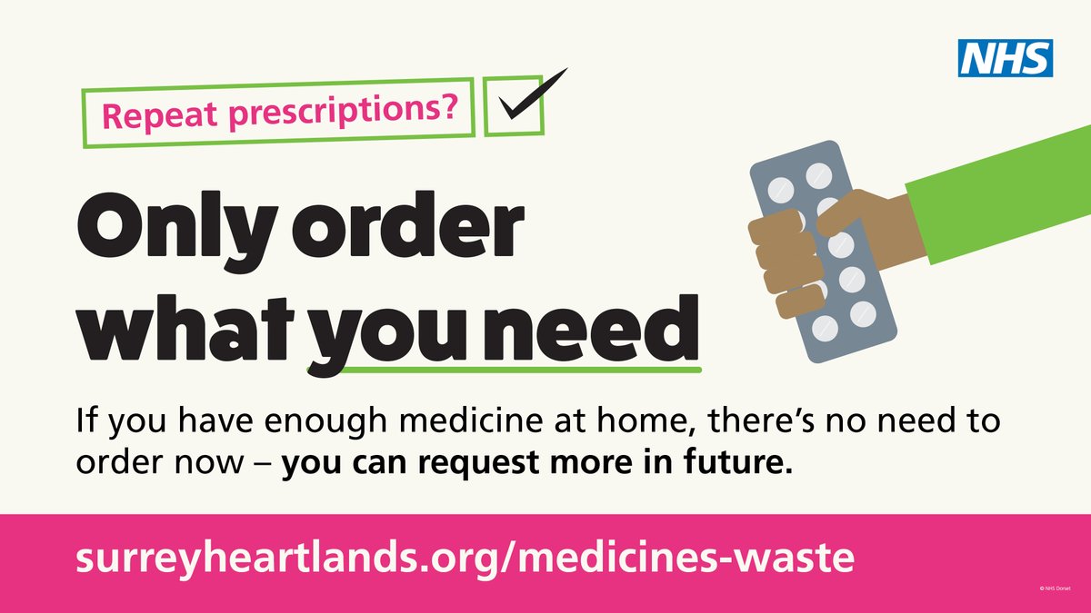Did you know unused medicines cost the NHS millions each year and harm the environment?

We're launching a campaign to change that across Surrey.

Only order what you need and help reduce medicine waste.

Find out more 👉 ow.ly/gBgZ50UPhKX

#OnlyOrderWhatYouNeed