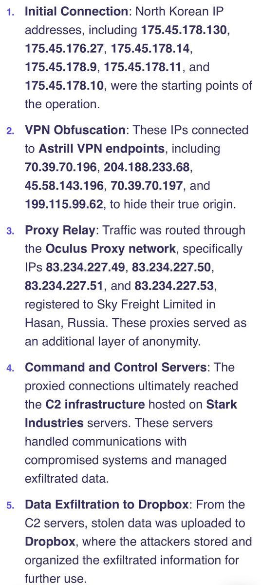 blackorbird's tweet image. #Lazarus  Operation
Traffic sourced from DPRK IPs, masked via VPNs/proxies, routed through Oculus nodes (Hasan, Russia) to C2; multi-hop architecture ensures full-chain anonymity &amp;amp; evasion. 
securityscorecard.com/blog/operation…