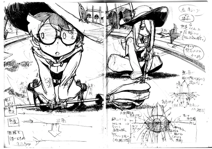 数年前に学生時代以来の漫画を描こうと思いましたが救いようもなく下手だったので、アニメの一場面の精密模写をしつつ、一方で漫画の構造や演出を漫画から学ぼうとしていました。下に挙げたのはLWAを模写して解析を試みたものと、デデデを小さく模写して構造や演出の気付きを言語化させようとしたもの 