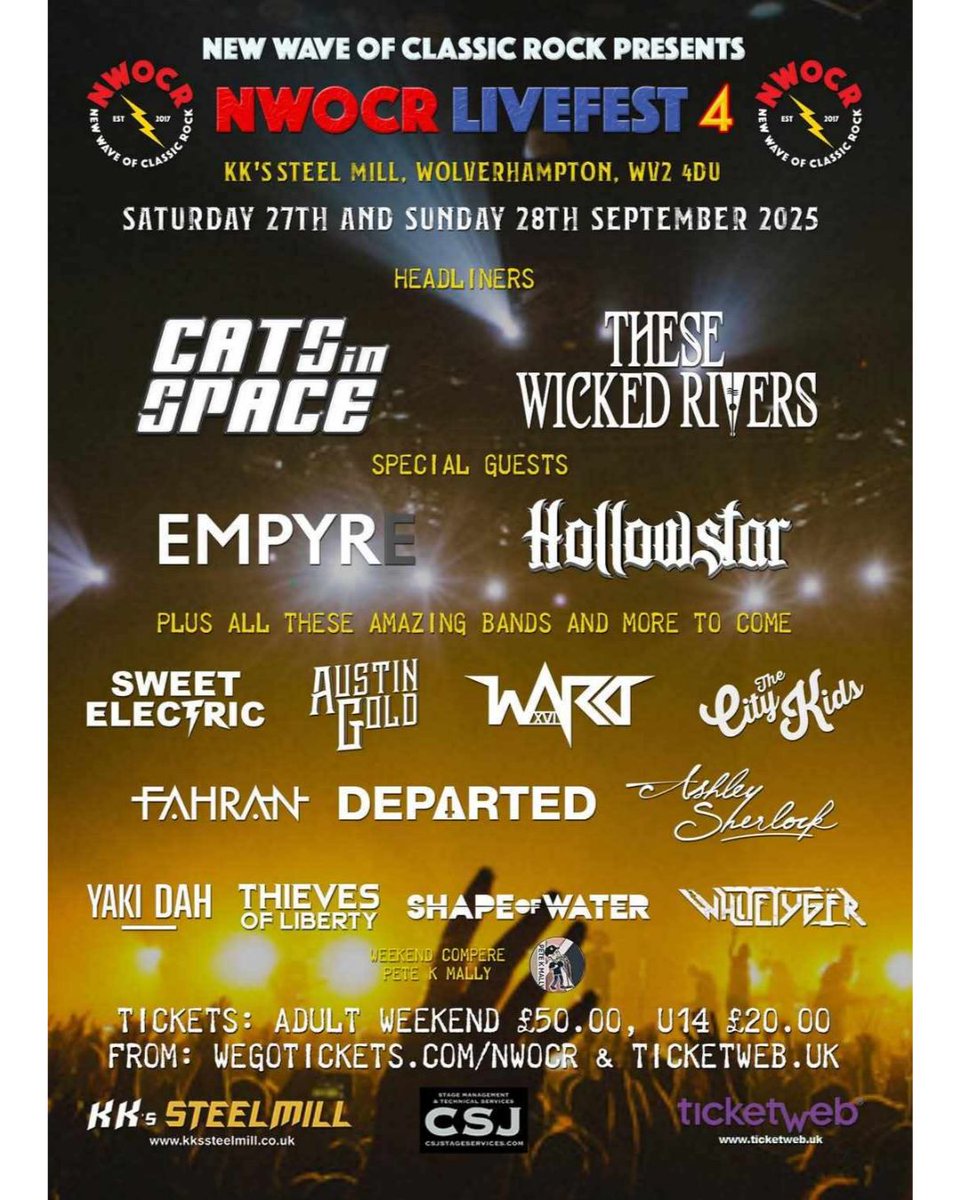 Rock People Management (@rockpeoplemgmt) on Twitter photo 💥 FESTIVAL ANNOUNCEMENT 💥
New of Classic Rock Live Festivals have announced NWOCR Live Fest 4 at <a href="/kks_steelmill/">KK's Steelmill</a> ... <a href="/WickedRivers/">These Wicked Rivers</a> will headline this years stellar line up on the Sunday !!
Dates 27-28th September
Tickets - wegottickets.com/f/13595
<a href="/fatearthrecords/">FAT EARTH RECORDS</a> 💥 FESTIVAL ANNOUNCEMENT 💥
New of Classic Rock Live Festivals have announced NWOCR Live Fest 4 at <a href="/kks_steelmill/">KK's Steelmill</a> ... <a href="/WickedRivers/">These Wicked Rivers</a> will headline this years stellar line up on the Sunday !!
Dates 27-28th September
Tickets - wegottickets.com/f/13595
<a href="/fatearthrecords/">FAT EARTH RECORDS</a>