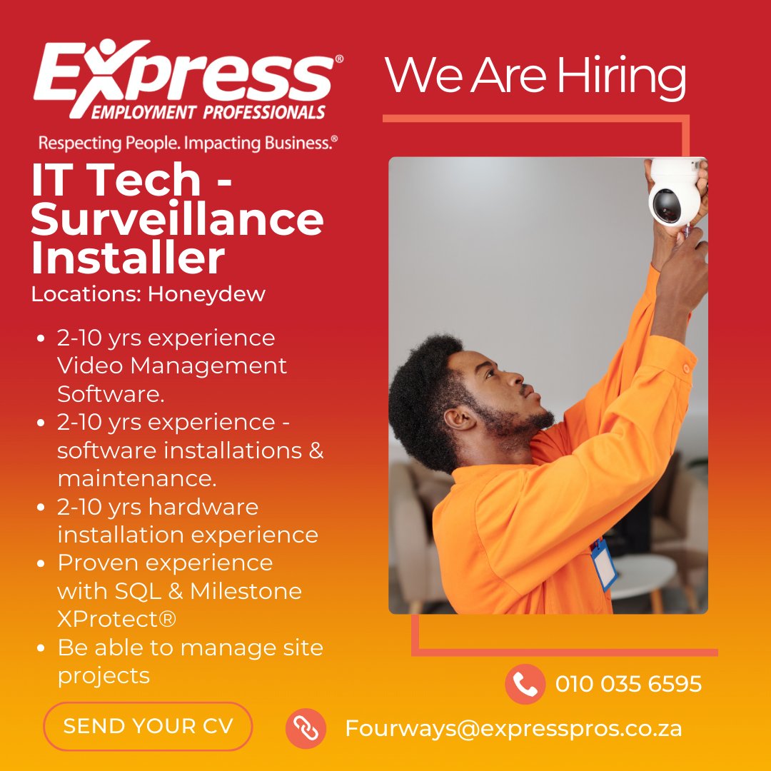 EFourways's tweet image. 🌟 NEW VACANCY ALERT! 🌟

Position: IT Tech - Surveillance Installer
Locations: Honeydew

📧 Email: Fourways@expresspros.co.za
📞 Tel: 010 035 6595

#HiringITTechSurveillanceInstaller 
#SQLJobs #SurveillanceIndustry #JobOpportunity #ExpressProsFourways #FourwaysAlways
