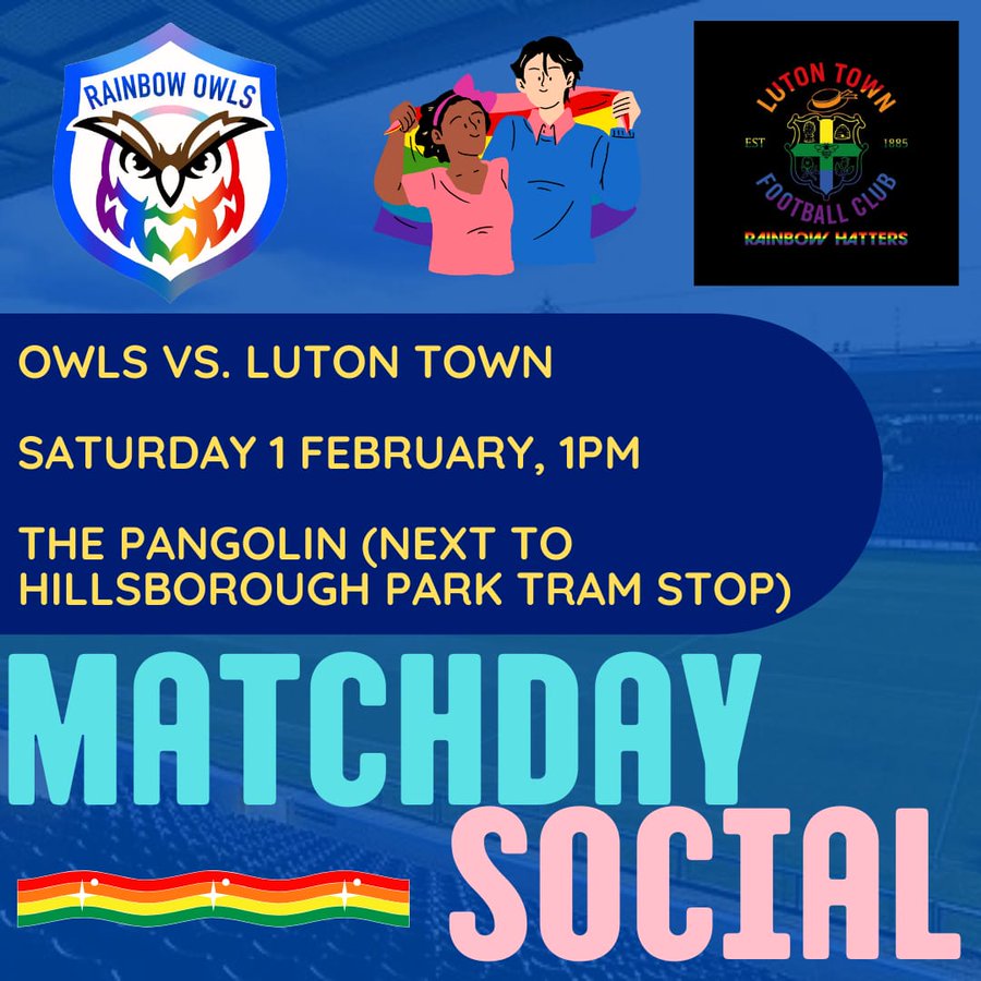 Rainbow Owls (@lgbt_owls) on Twitter photo Our next #swfc matchday social is tomorrow! π
We'll be at The Pangolin, based right next to Hillsborough Park tram stop, from 1pm for pre-match drinks. π»π₯€
Our campaigns officer <a href="/Sam_Elliott82/">Sam Elliott-Olechnowicz</a> will be joining us from Brighton, while <a href="/RainbowHatters/">RainbowHatters π³οΈβππ³οΈββ§οΈ</a> have also been invited! π Our next #swfc matchday social is tomorrow! π
We'll be at The Pangolin, based right next to Hillsborough Park tram stop, from 1pm for pre-match drinks. π»π₯€
Our campaigns officer <a href="/Sam_Elliott82/">Sam Elliott-Olechnowicz</a> will be joining us from Brighton, while <a href="/RainbowHatters/">RainbowHatters π³οΈβππ³οΈββ§οΈ</a> have also been invited! π