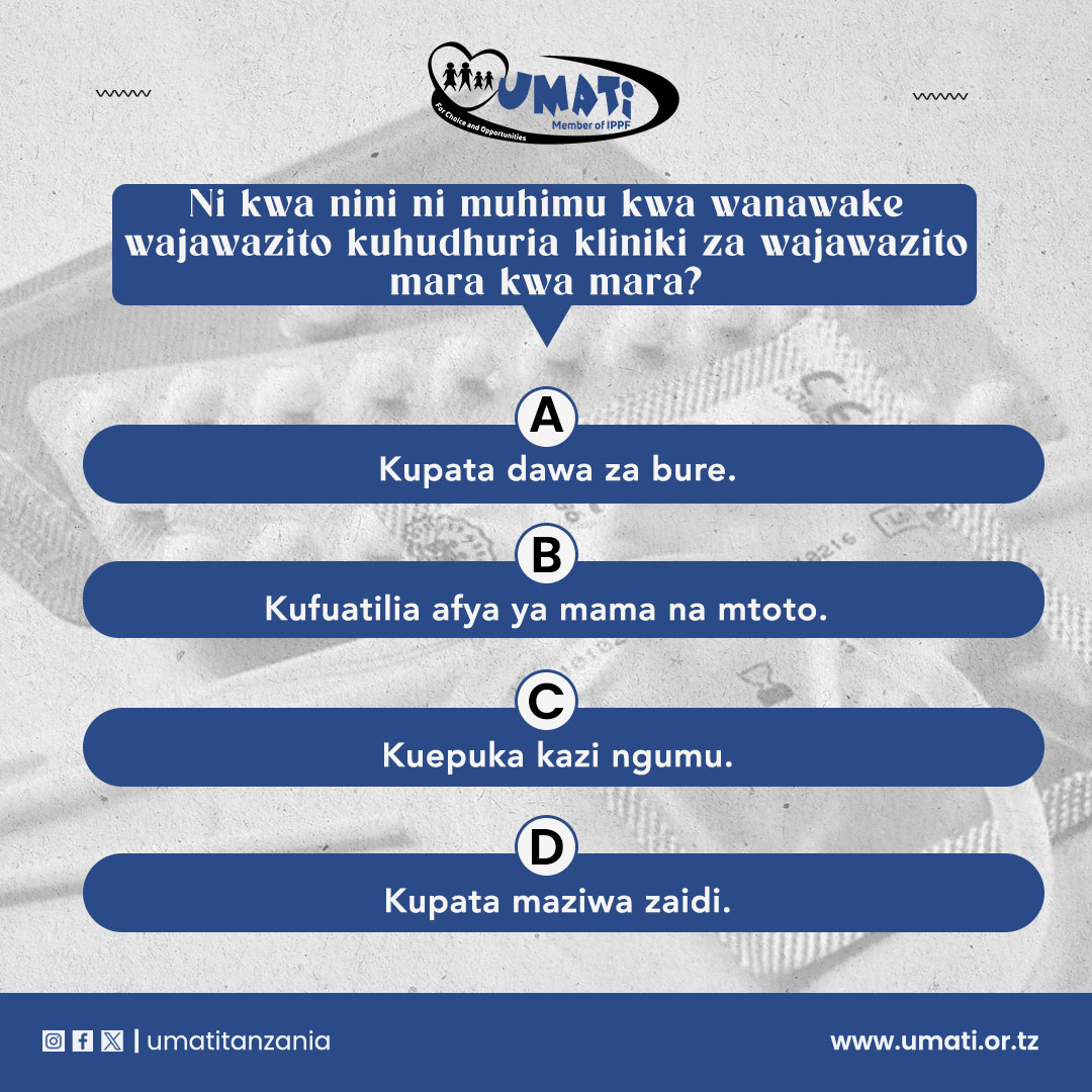 Kwa huduma mbalimbali , tembelea vituo vyetu vilivyopo;
Mbinga Mjini A : Mtaa wa Kilimo , Songea: Mtaa wa Mahenge , Morogoro: mtaa wa msufini ,Moshi

Tupigie;
Moshi : 0742316793,0767277588
Dodoma: 0747222410
Morogoro: 0747222416
#uzazinimipango #srhr #UMATI #healthforall