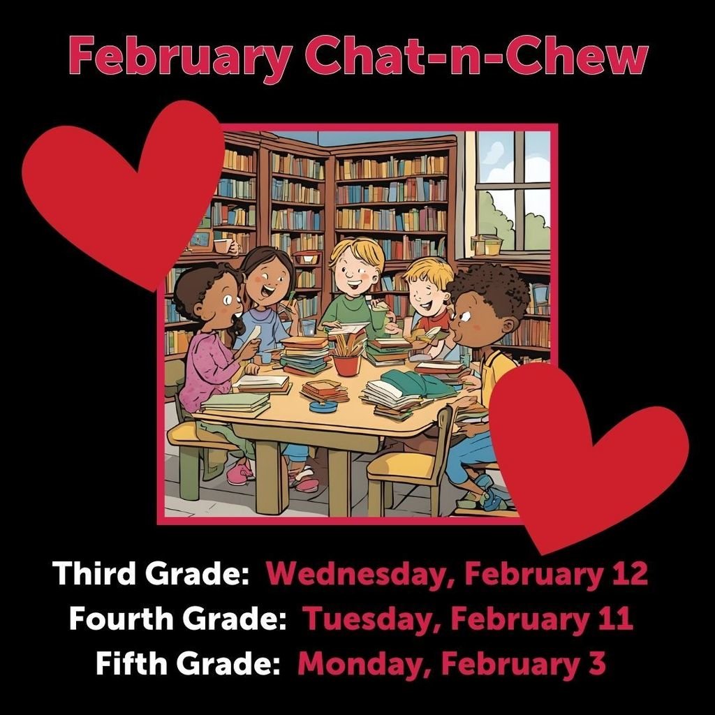 February Chat-n-Chew Dates are coming up! Third Grade meets on February 12. Fourth Grade meets on February 11. Fifth Grade meets on February 3rd. Be sure to have read your book before this date, and bring your lunch and book on your scheduled date! @rhes_library #rhes25