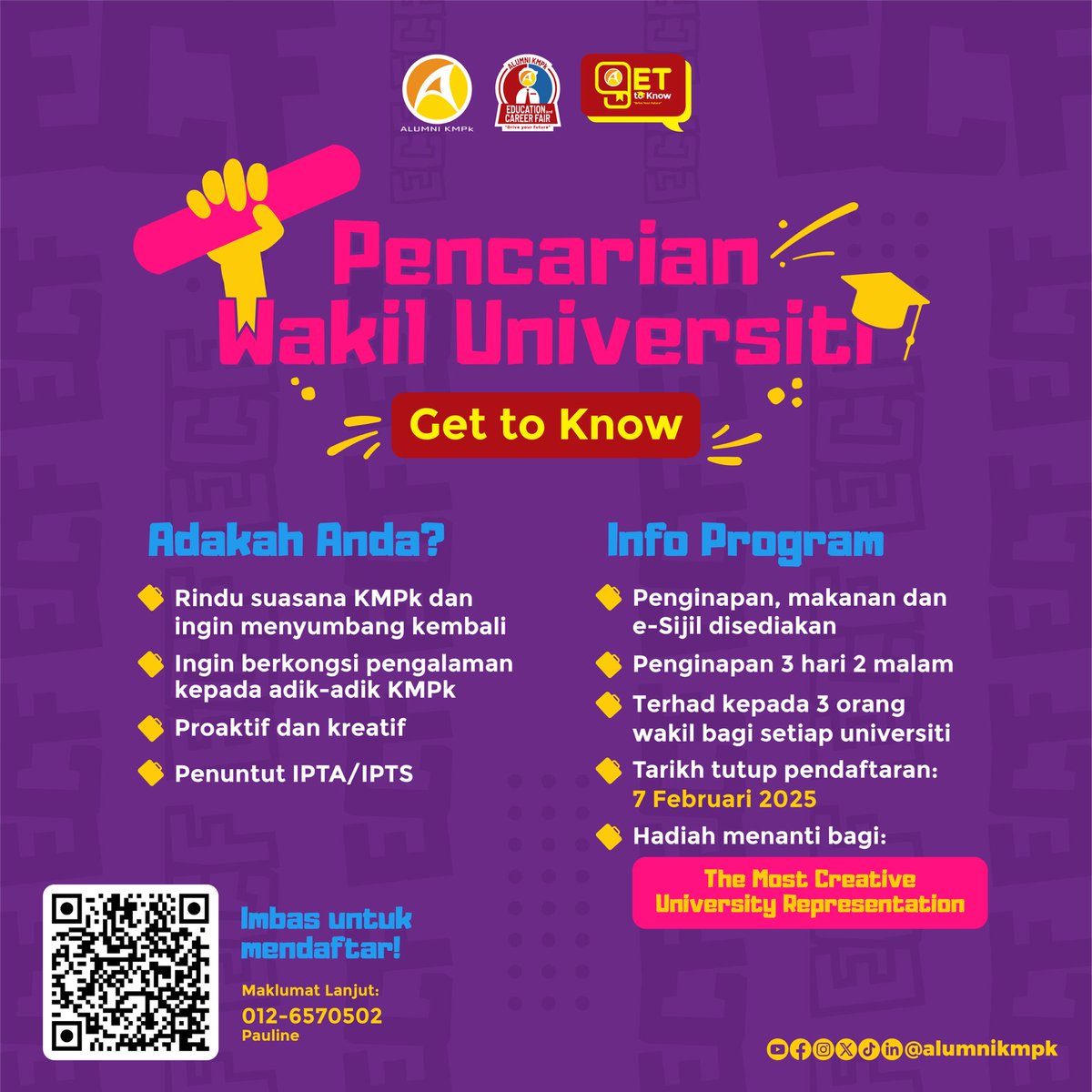AlumniKMPk's tweet photo. Kami mencari para Alumni KMPk sebagai wakil universiti IPTA/IPTS dari seluruh Malaysia untuk memberi pendedahan tentang alam universiti kepada adik-adik KMPk kita 😍

Imbas kod QR atau klink link sekarang! 🔥
https://t.co/SQaVMrrOlJ

#kmpkdihatiku
#teamrindukmpk
#ecf2025 https://t.co/d7abtnSm3Q