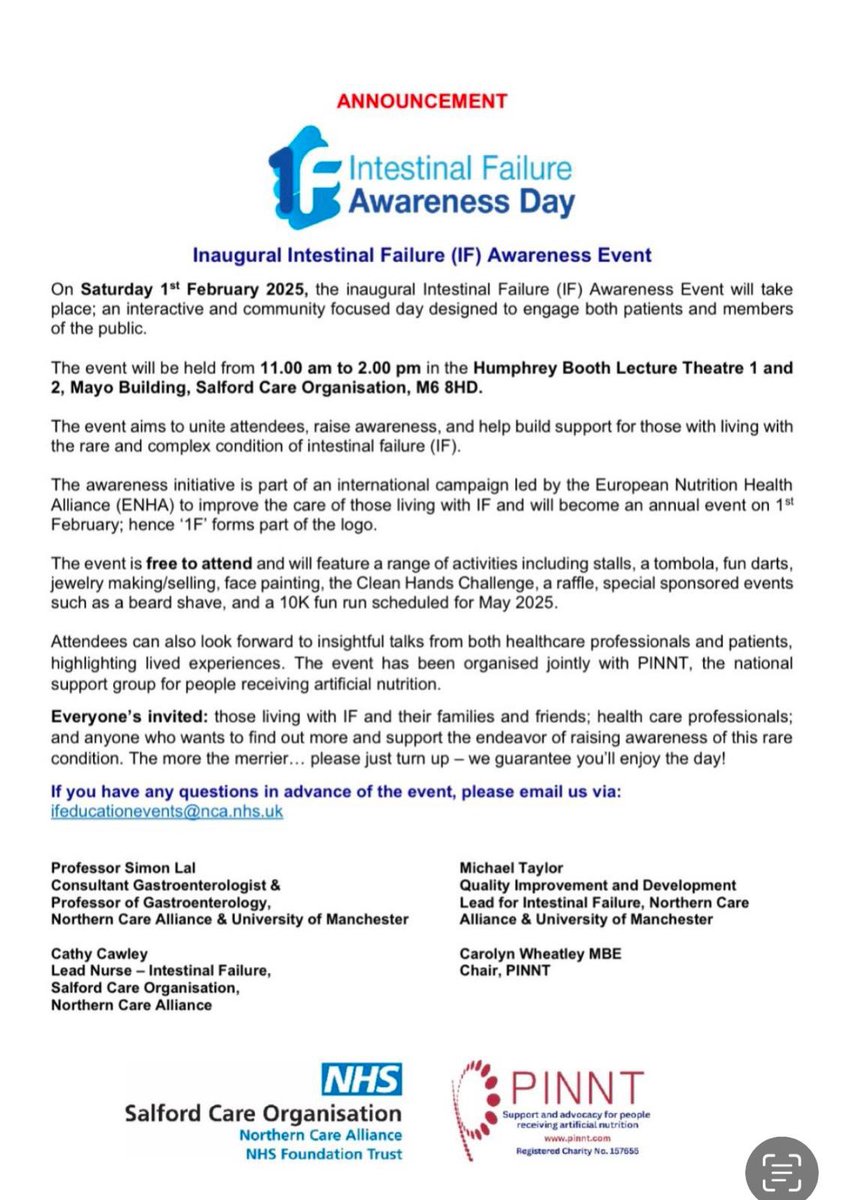 CrohnsColitisSM's tweet photo. Our volunteers will be at the inaugural Intestinal Failure (IF) Awareness Event at Salford Royal on Saturday 1st February, supporting with an information and awareness stand. No need to sign up - just turn up on the day! Full details below >> https://t.co/iQLai3Vzv4