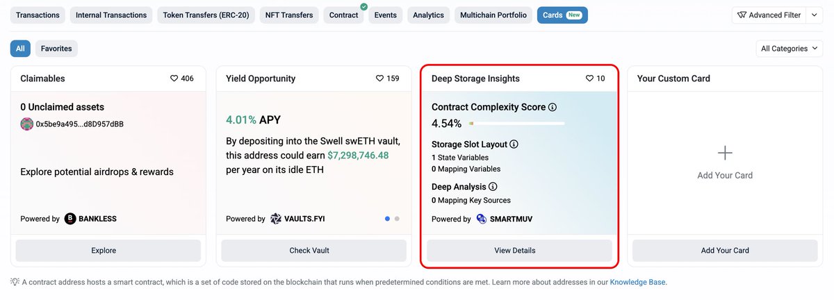 etherscan's tweet photo. 🆕 Etherscan Card: Deep Storage Insights

The complexity score evaluates a smart contract's structure and behavior, factoring in total variables, mappings, key sources, and function calls

Powered by @SmartMuv https://t.co/hPutqMyCxl
